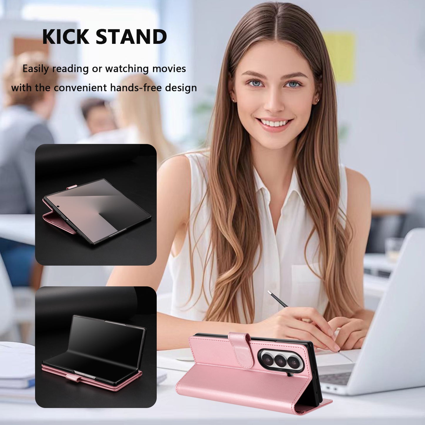 For Samsung Galaxy Z Fold7 5G Wallet Case RFID Blocking Calf Texture Leather Stand Phone Cover with Strap - Pink