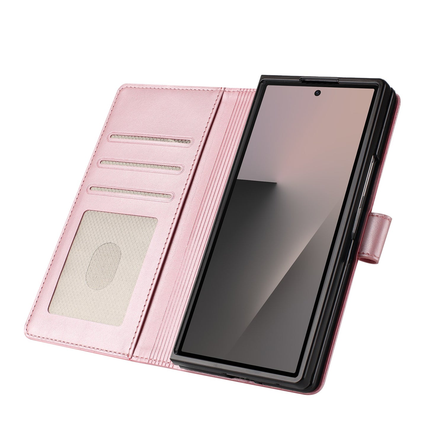 For Samsung Galaxy Z Fold7 5G Wallet Case RFID Blocking Calf Texture Leather Stand Phone Cover with Strap - Pink
