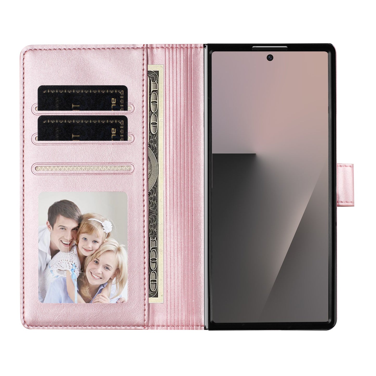 For Samsung Galaxy Z Fold7 5G Wallet Case RFID Blocking Calf Texture Leather Stand Phone Cover with Strap - Pink