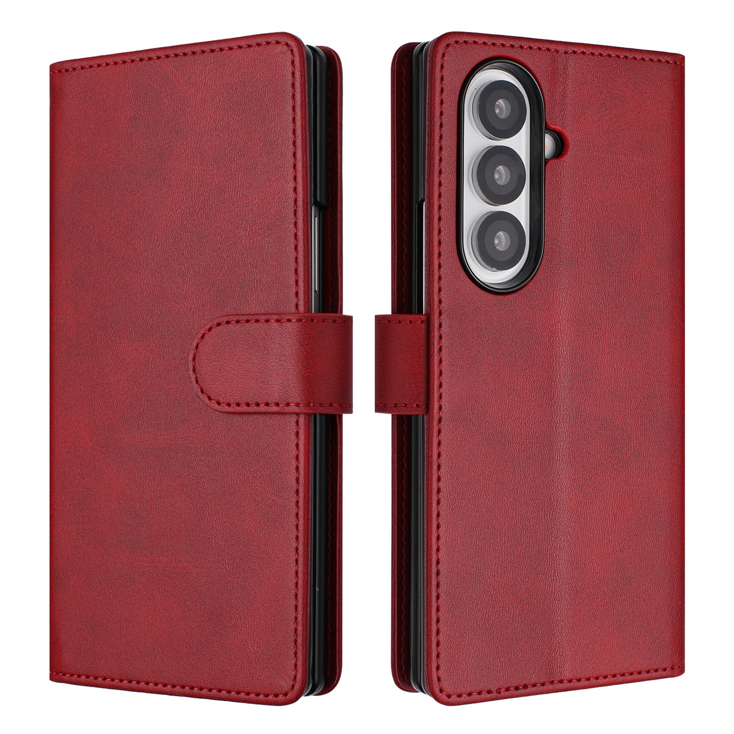 For Samsung Galaxy Z Fold7 5G Wallet Case RFID Blocking Calf Texture Leather Stand Phone Cover with Strap - Wine Red