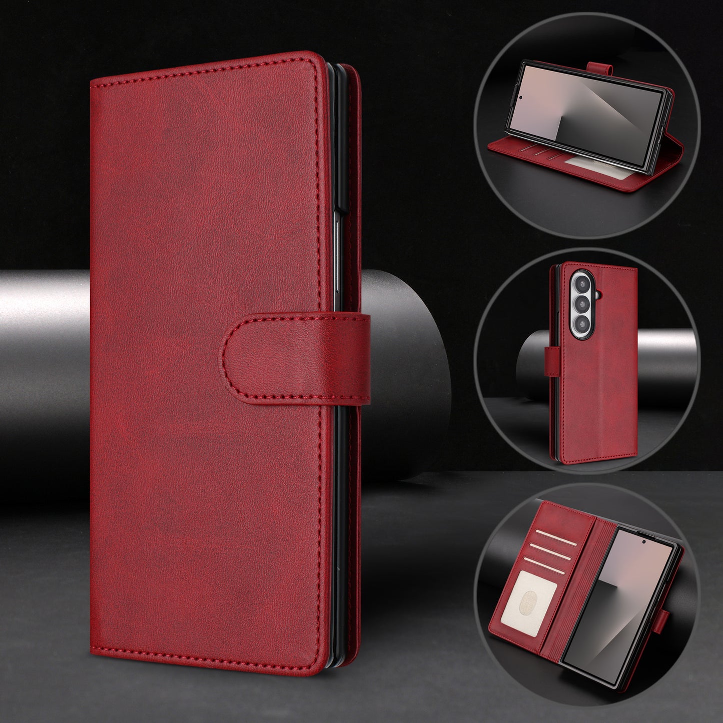 For Samsung Galaxy Z Fold7 5G Wallet Case RFID Blocking Calf Texture Leather Stand Phone Cover with Strap - Wine Red