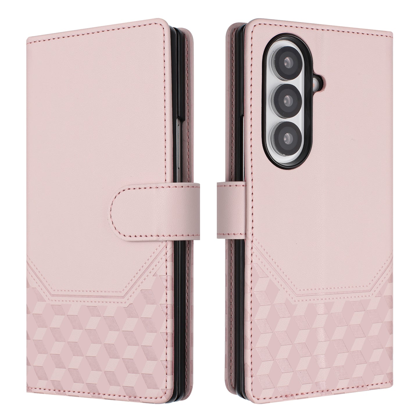 For Samsung Galaxy Z Fold7 5G Case Imprinted Honeycomb RFID Blocking Leather Phone Cover with Strap - Pink