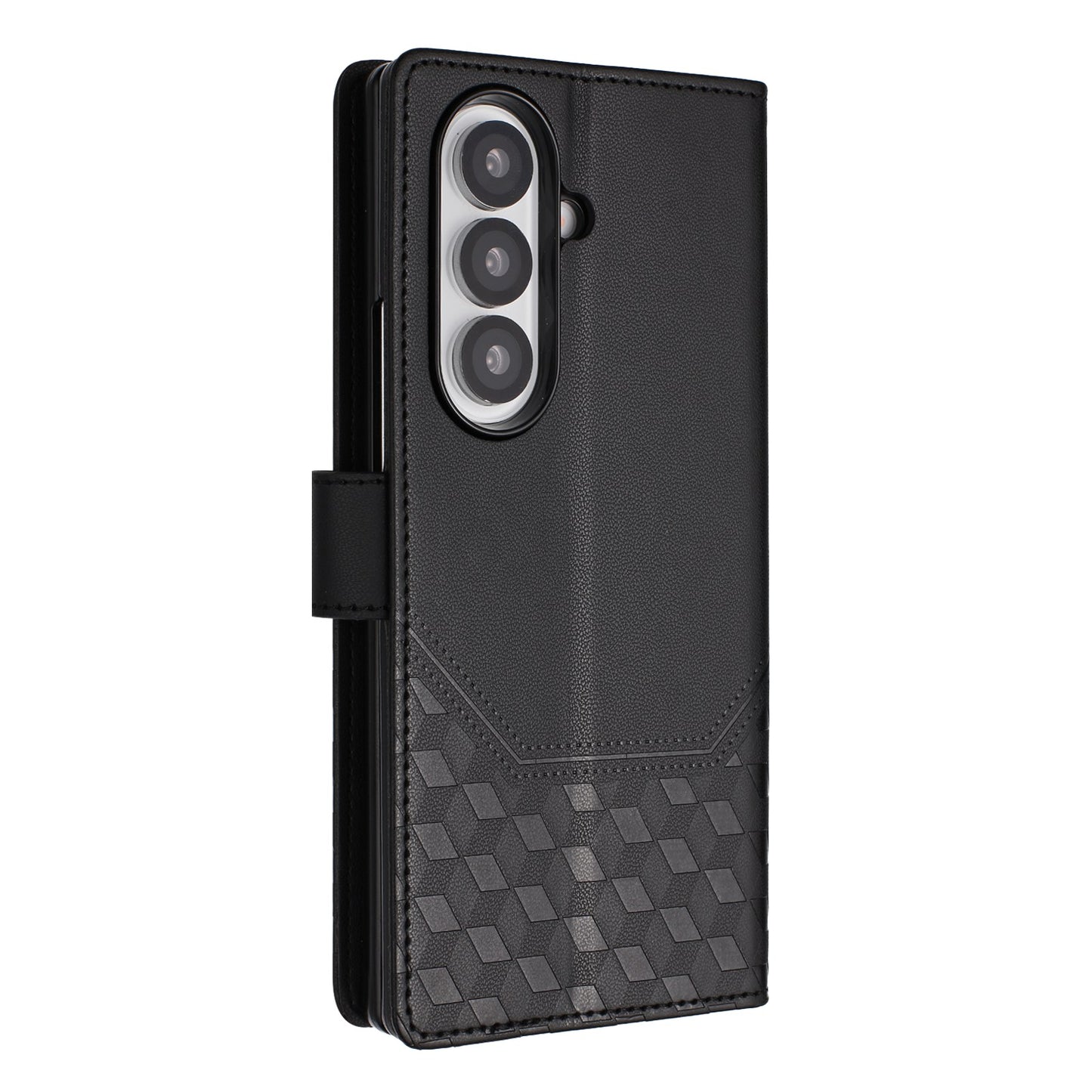 For Samsung Galaxy Z Fold7 5G Case Imprinted Honeycomb RFID Blocking Leather Phone Cover with Strap - Black