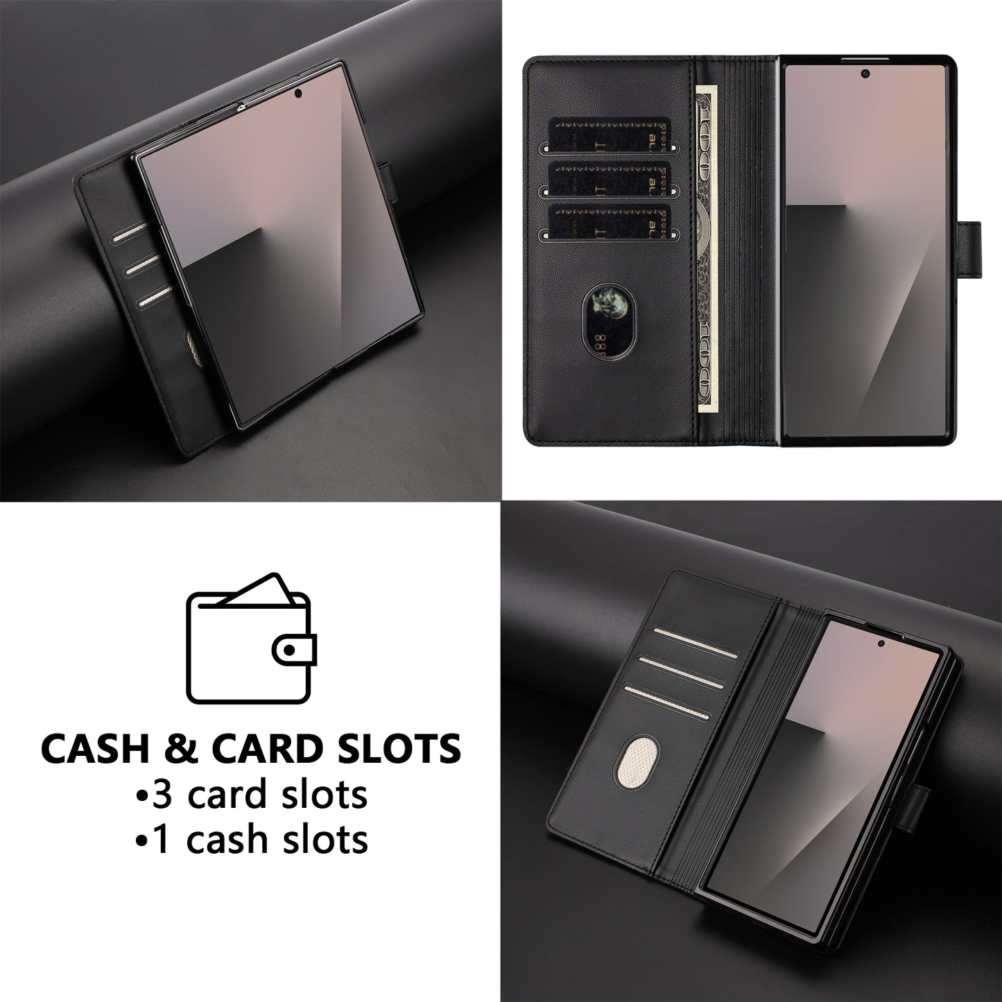 For Samsung Galaxy Z Fold7 5G Case Imprinted Honeycomb RFID Blocking Leather Phone Cover with Strap - Black