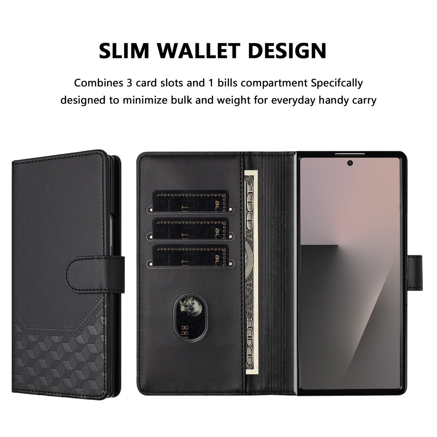 For Samsung Galaxy Z Fold7 5G Case Imprinted Honeycomb RFID Blocking Leather Phone Cover with Strap - Black