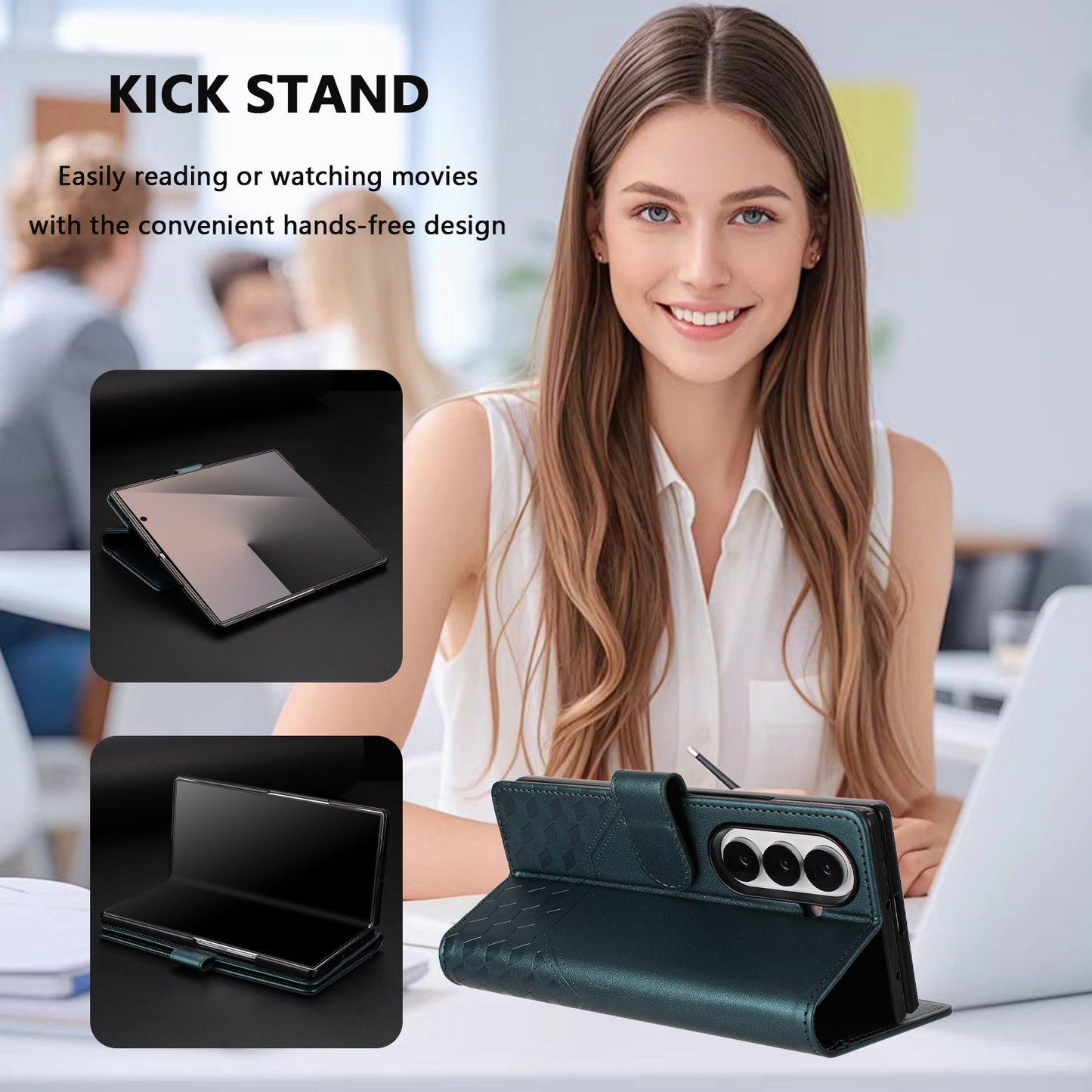 For Samsung Galaxy Z Fold7 5G Case Imprinted Honeycomb RFID Blocking Leather Phone Cover with Strap - Green