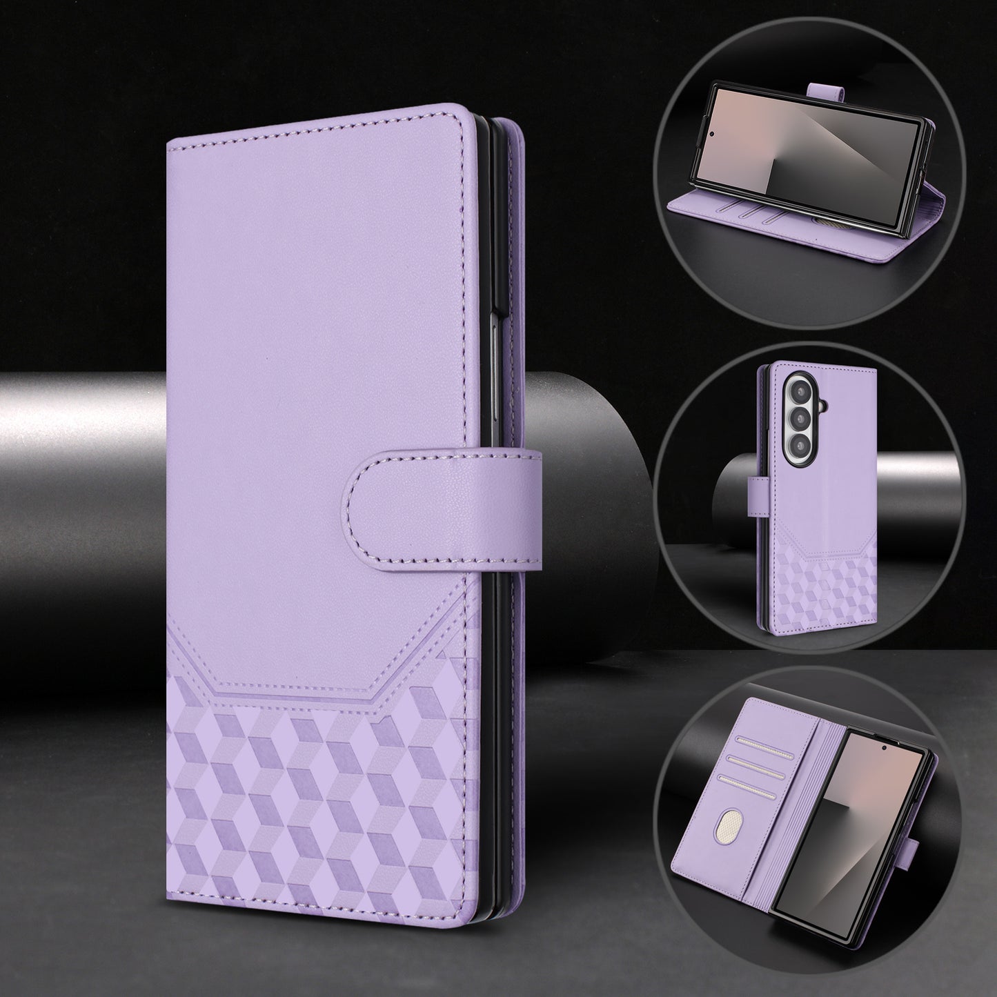 For Samsung Galaxy Z Fold7 5G Case Imprinted Honeycomb RFID Blocking Leather Phone Cover with Strap - Light Purple