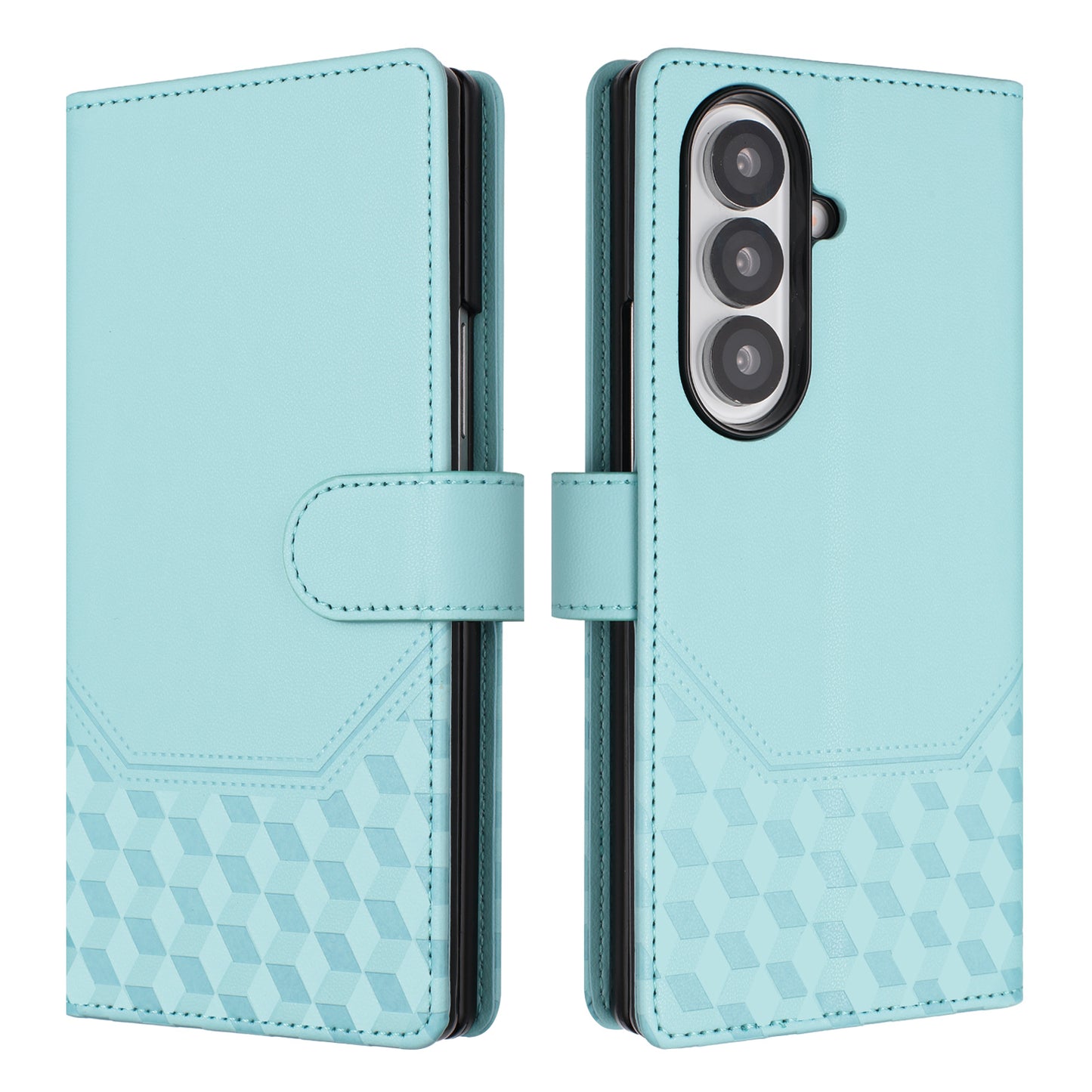 For Samsung Galaxy Z Fold7 5G Case Imprinted Honeycomb RFID Blocking Leather Phone Cover with Strap - Mint Green