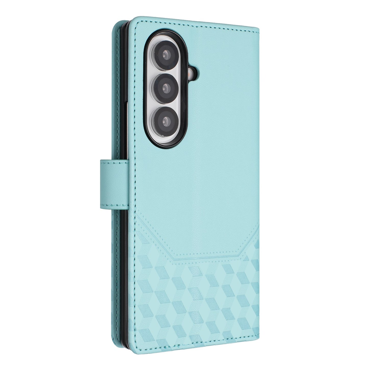For Samsung Galaxy Z Fold7 5G Case Imprinted Honeycomb RFID Blocking Leather Phone Cover with Strap - Mint Green