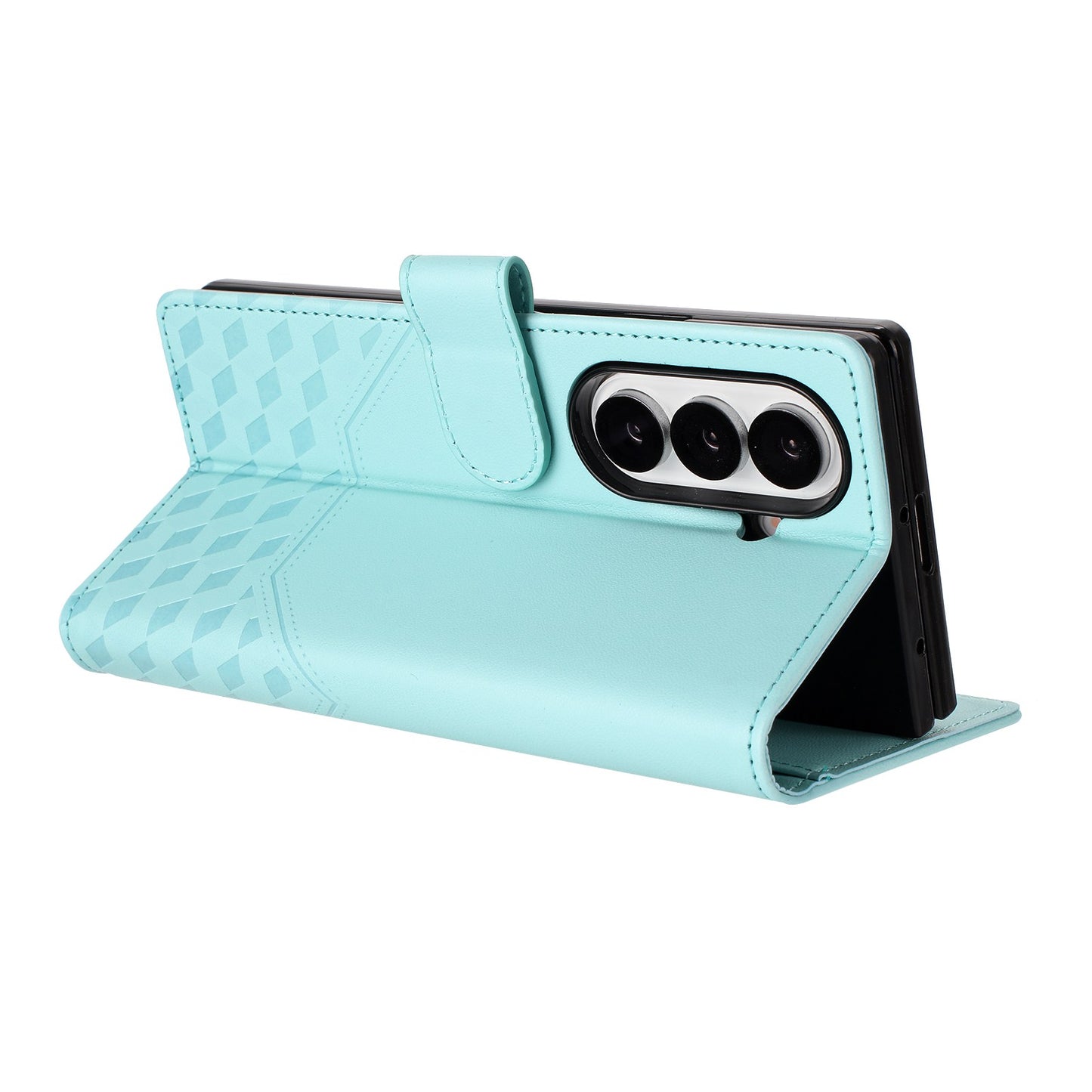 For Samsung Galaxy Z Fold7 5G Case Imprinted Honeycomb RFID Blocking Leather Phone Cover with Strap - Mint Green