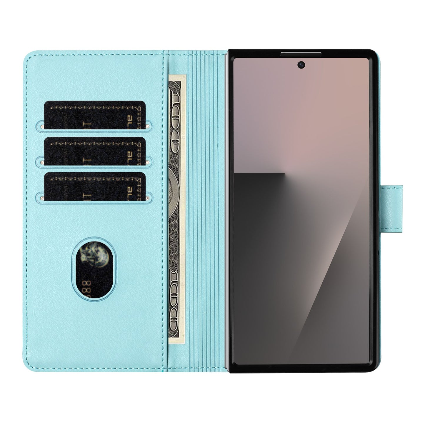 For Samsung Galaxy Z Fold7 5G Case Imprinted Honeycomb RFID Blocking Leather Phone Cover with Strap - Mint Green
