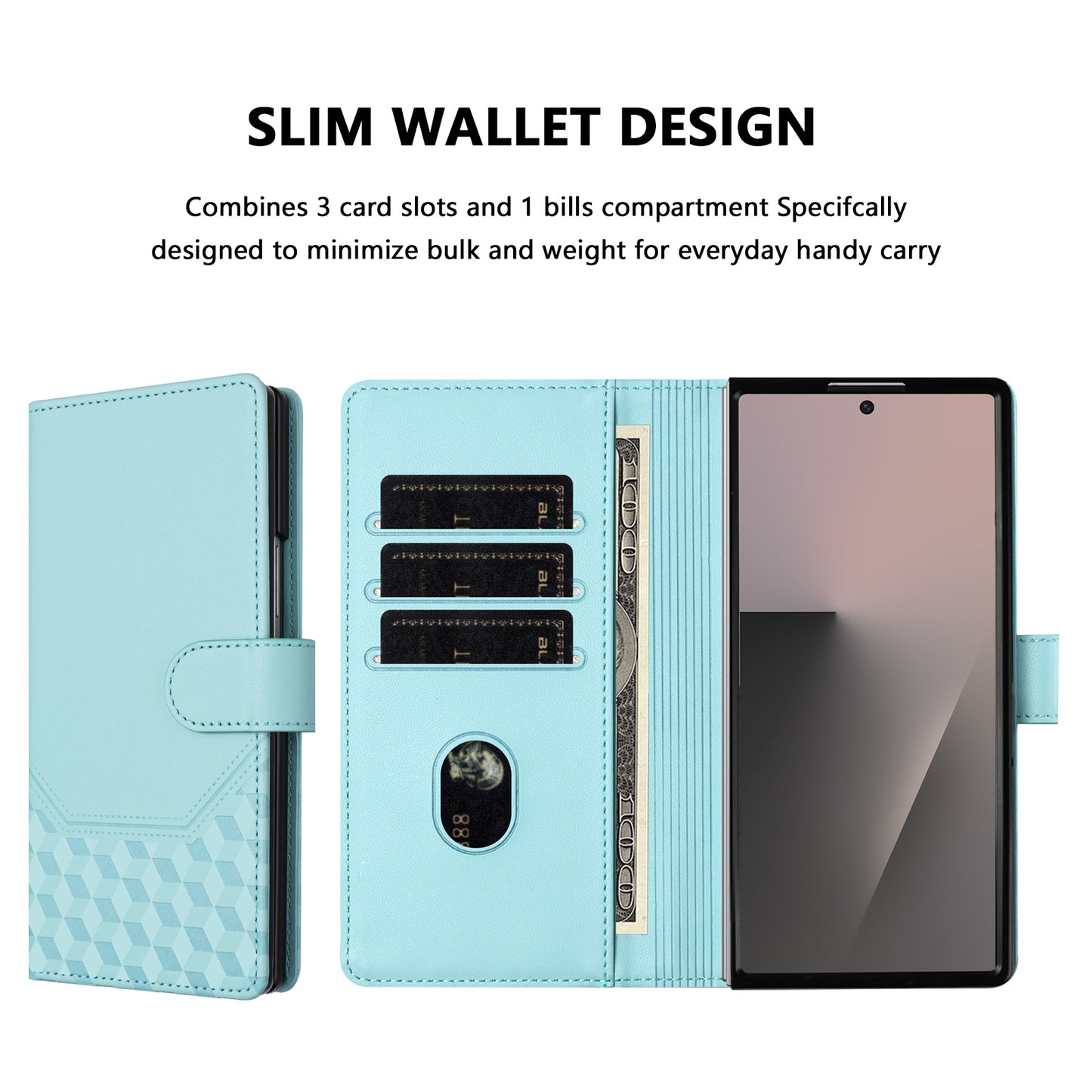 For Samsung Galaxy Z Fold7 5G Case Imprinted Honeycomb RFID Blocking Leather Phone Cover with Strap - Mint Green