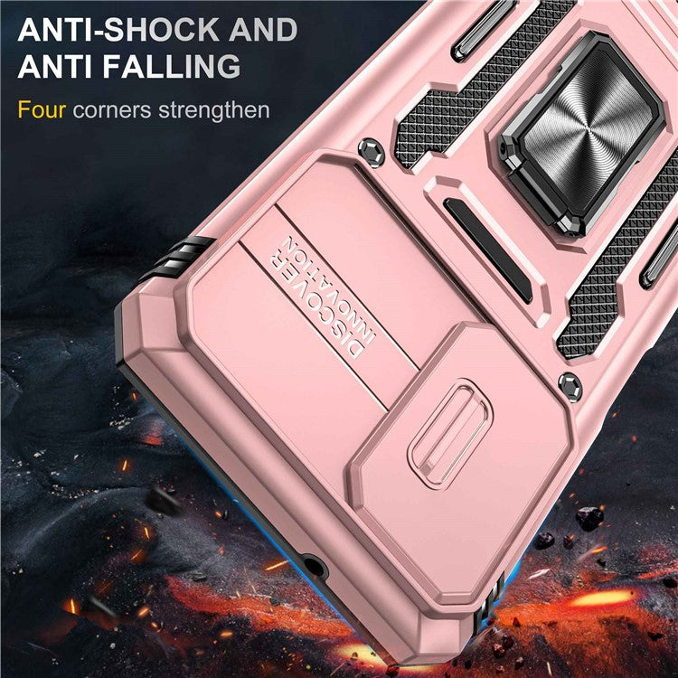For Samsung Galaxy A03s (164.2 x 75.9 x 9.1mm) Armor Series Drop-proof Hybrid Hard PC Soft TPU Shockproof Case Ring Car Mount Kickstand Back Shell with Camera Cover - Rose Gold
