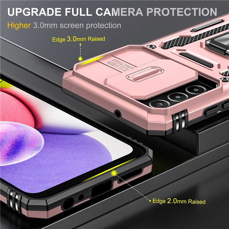 For Samsung Galaxy A03s (164.2 x 75.9 x 9.1mm) Armor Series Drop-proof Hybrid Hard PC Soft TPU Shockproof Case Ring Car Mount Kickstand Back Shell with Camera Cover - Rose Gold
