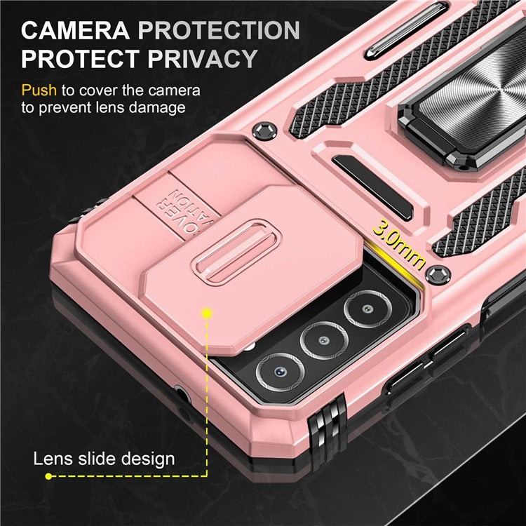 For Samsung Galaxy A03s (164.2 x 75.9 x 9.1mm) Armor Series Drop-proof Hybrid Hard PC Soft TPU Shockproof Case Ring Car Mount Kickstand Back Shell with Camera Cover - Rose Gold
