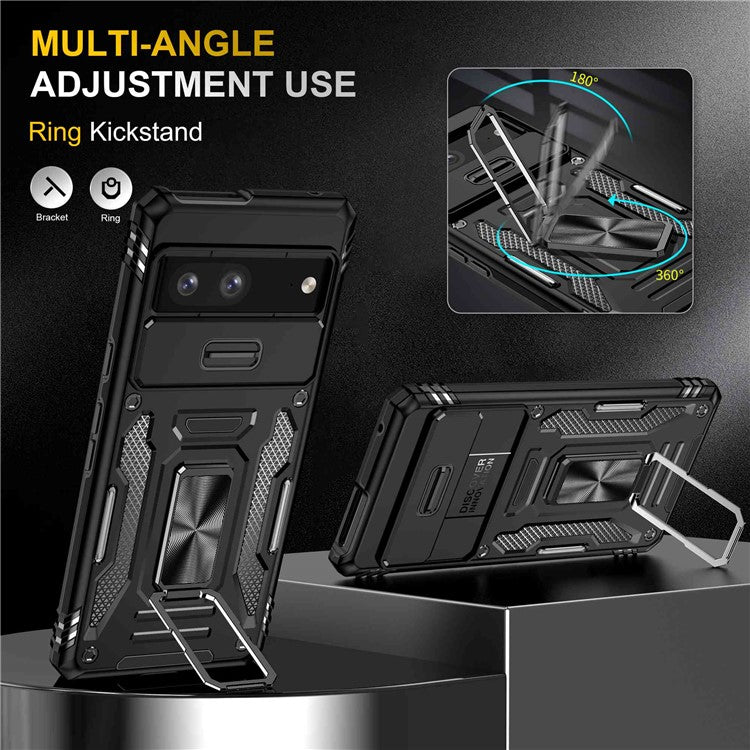 Phone Case for Google Pixel 7 5G Armor Series Hard PC Soft TPU Shockproof Case with Kickstand / Sliding Camera Cover - Black