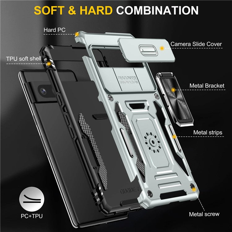 Phone Case for Google Pixel 7 5G Armor Series Hard PC Soft TPU Shockproof Case with Kickstand / Sliding Camera Cover - Grey