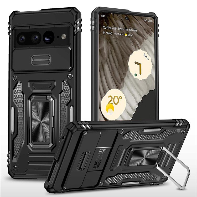 Armor Series Hard PC Soft TPU Case for Google Pixel 7 Pro 5G Shockproof Phone Cover Protective Kickstand Case with Sliding Camera Cover - Black
