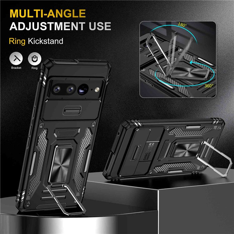 Armor Series Hard PC Soft TPU Case for Google Pixel 7 Pro 5G Shockproof Phone Cover Protective Kickstand Case with Sliding Camera Cover - Black