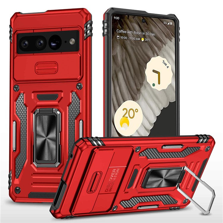 Armor Series Hard PC Soft TPU Case for Google Pixel 7 Pro 5G Shockproof Phone Cover Protective Kickstand Case with Sliding Camera Cover - Red