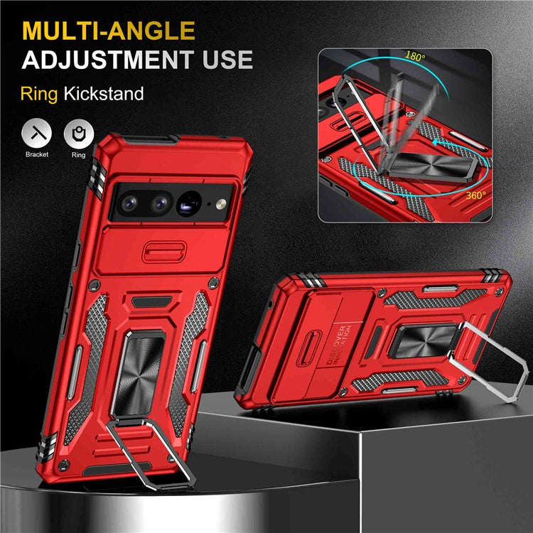 Armor Series Hard PC Soft TPU Case for Google Pixel 7 Pro 5G Shockproof Phone Cover Protective Kickstand Case with Sliding Camera Cover - Red