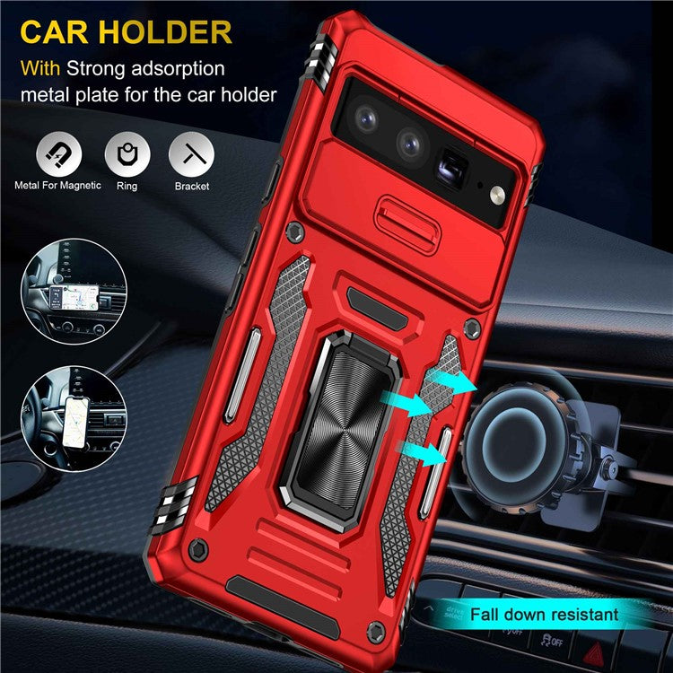 Armor Series Hard PC Soft TPU Case for Google Pixel 7 Pro 5G Shockproof Phone Cover Protective Kickstand Case with Sliding Camera Cover - Red