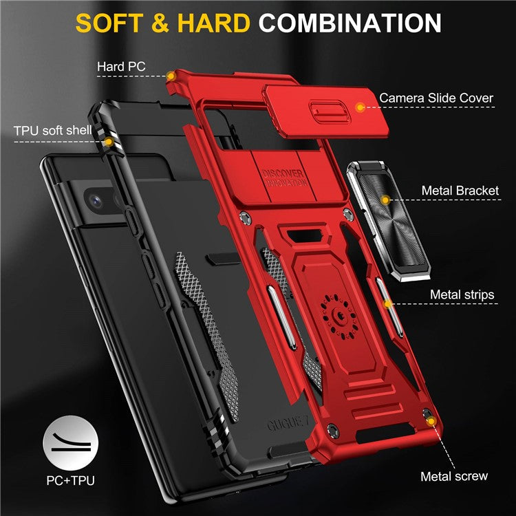 Armor Series Hard PC Soft TPU Case for Google Pixel 7 Pro 5G Shockproof Phone Cover Protective Kickstand Case with Sliding Camera Cover - Red
