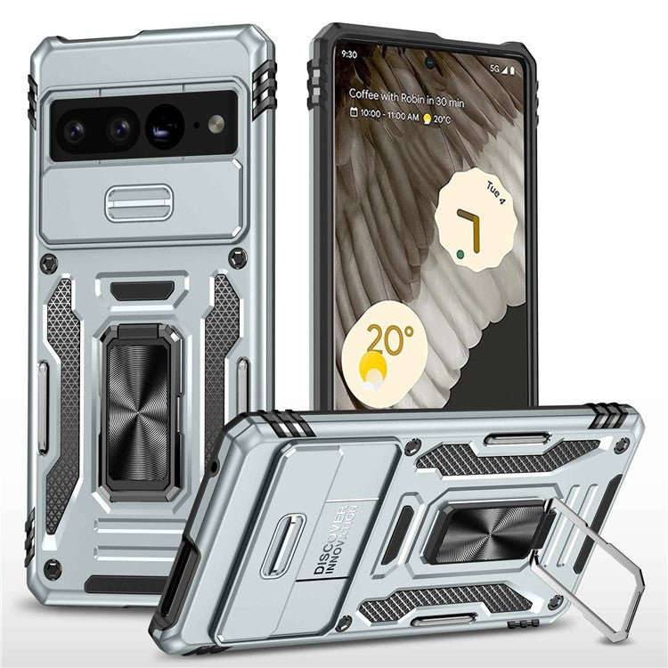 Armor Series Hard PC Soft TPU Case for Google Pixel 7 Pro 5G Shockproof Phone Cover Protective Kickstand Case with Sliding Camera Cover - Grey