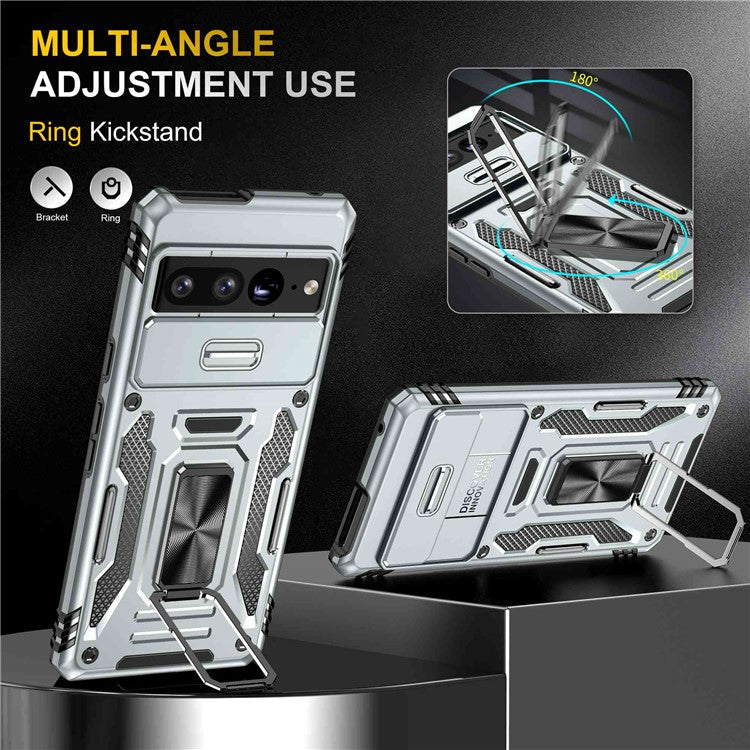 Armor Series Hard PC Soft TPU Case for Google Pixel 7 Pro 5G Shockproof Phone Cover Protective Kickstand Case with Sliding Camera Cover - Grey