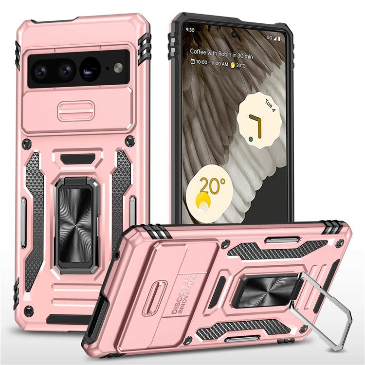Armor Series Hard PC Soft TPU Case for Google Pixel 7 Pro 5G Shockproof Phone Cover Protective Kickstand Case with Sliding Camera Cover - Rose Gold