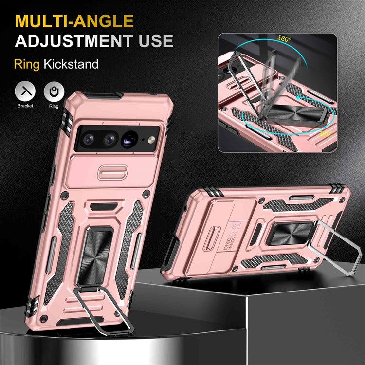 Armor Series Hard PC Soft TPU Case for Google Pixel 7 Pro 5G Shockproof Phone Cover Protective Kickstand Case with Sliding Camera Cover - Rose Gold