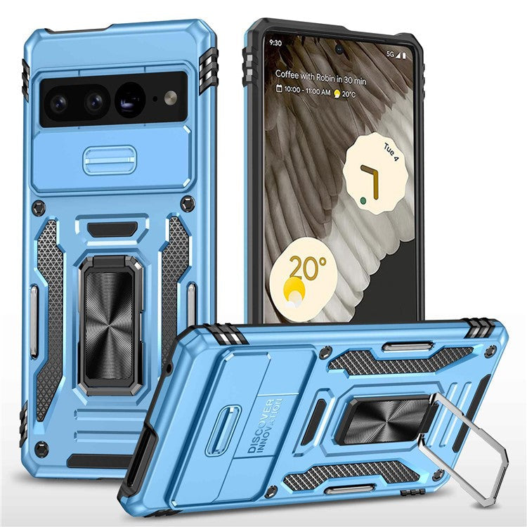 Armor Series Hard PC Soft TPU Case for Google Pixel 7 Pro 5G Shockproof Phone Cover Protective Kickstand Case with Sliding Camera Cover - Light Blue