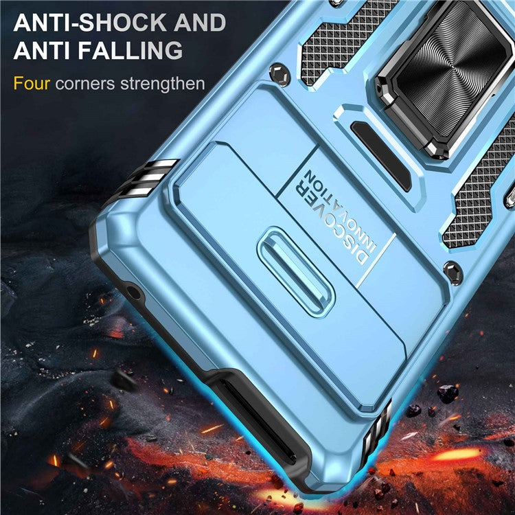 Armor Series Hard PC Soft TPU Case for Google Pixel 7 Pro 5G Shockproof Phone Cover Protective Kickstand Case with Sliding Camera Cover - Light Blue