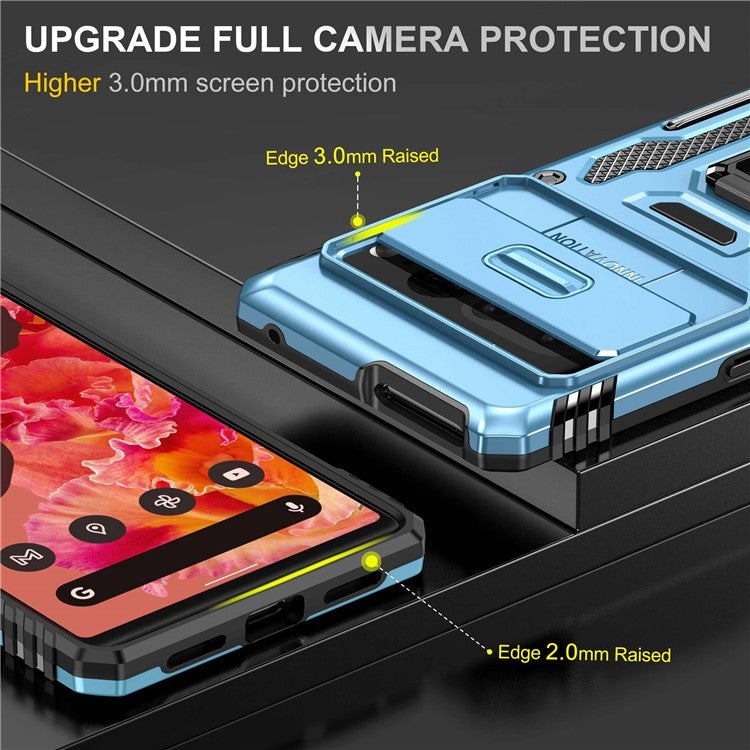 Armor Series Hard PC Soft TPU Case for Google Pixel 7 Pro 5G Shockproof Phone Cover Protective Kickstand Case with Sliding Camera Cover - Light Blue