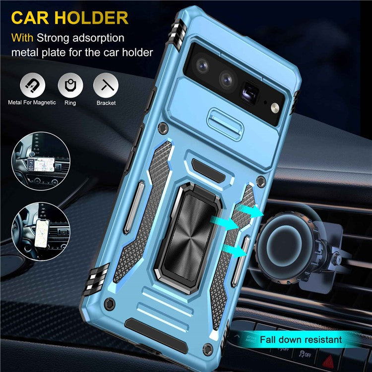Armor Series Hard PC Soft TPU Case for Google Pixel 7 Pro 5G Shockproof Phone Cover Protective Kickstand Case with Sliding Camera Cover - Light Blue