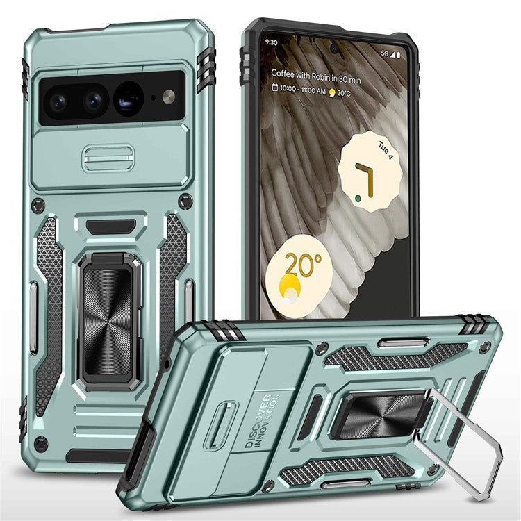 Armor Series Hard PC Soft TPU Case for Google Pixel 7 Pro 5G Shockproof Phone Cover Protective Kickstand Case with Sliding Camera Cover - Alpine Green