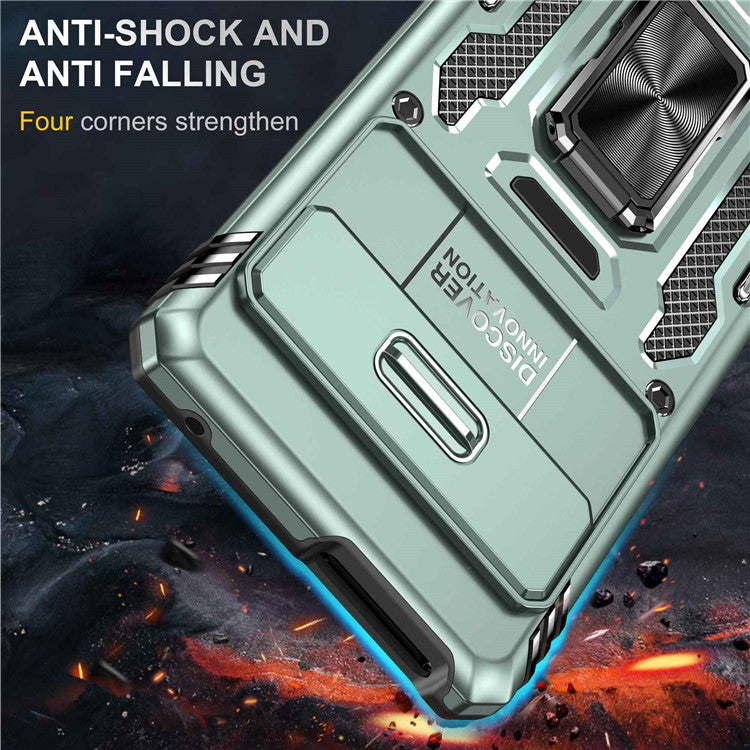 Armor Series Hard PC Soft TPU Case for Google Pixel 7 Pro 5G Shockproof Phone Cover Protective Kickstand Case with Sliding Camera Cover - Alpine Green