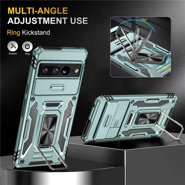 Armor Series Hard PC Soft TPU Case for Google Pixel 7 Pro 5G Shockproof Phone Cover Protective Kickstand Case with Sliding Camera Cover - Alpine Green