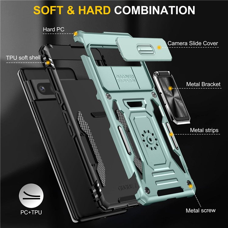 Armor Series Hard PC Soft TPU Case for Google Pixel 7 Pro 5G Shockproof Phone Cover Protective Kickstand Case with Sliding Camera Cover - Alpine Green