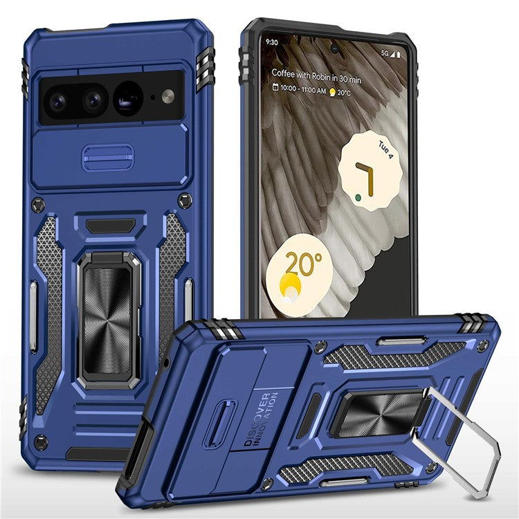 Armor Series Hard PC Soft TPU Case for Google Pixel 7 Pro 5G Shockproof Phone Cover Protective Kickstand Case with Sliding Camera Cover - Navy Blue