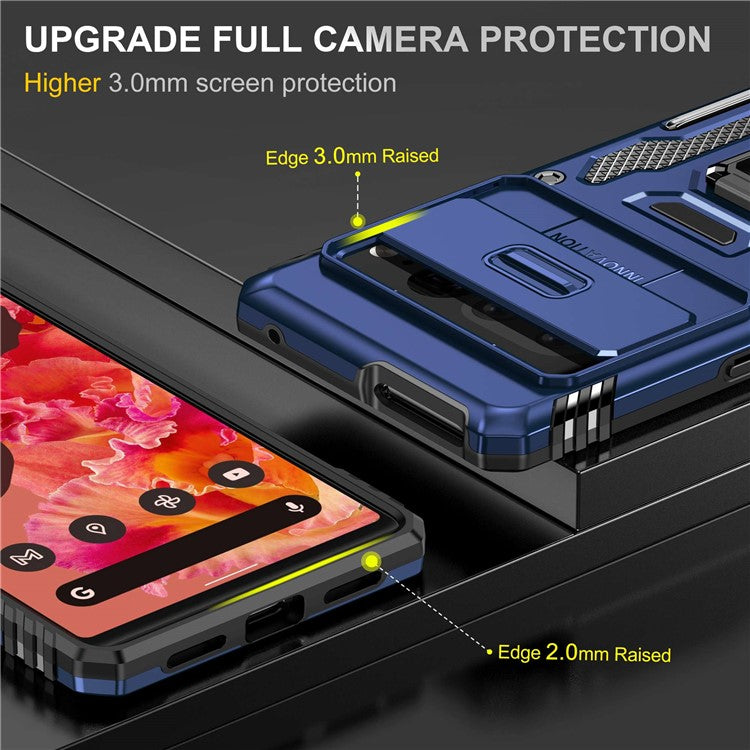 Armor Series Hard PC Soft TPU Case for Google Pixel 7 Pro 5G Shockproof Phone Cover Protective Kickstand Case with Sliding Camera Cover - Navy Blue