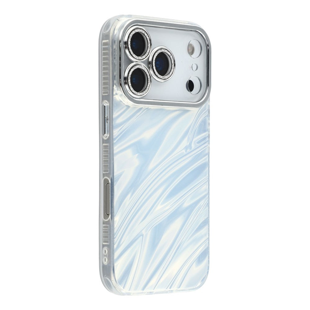 For iPhone 17 Pro Max Case IMD Design Shockproof Hybrid Phone Cover with Glass Lens Film - Ripple Pattern / Silver