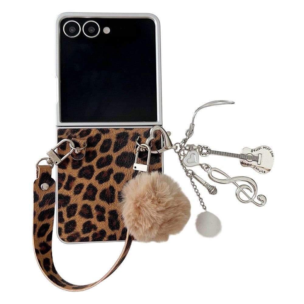 For Samsung Galaxy Z Flip7 5G Case Leopard Print Leather + PC Phone Cover with Guitar Pendant and Strap - Brown