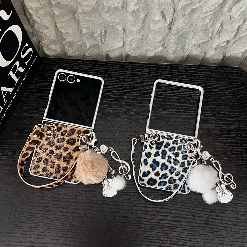 For Samsung Galaxy Z Flip7 5G Case Leopard Print Leather + PC Phone Cover with Guitar Pendant and Strap - Brown