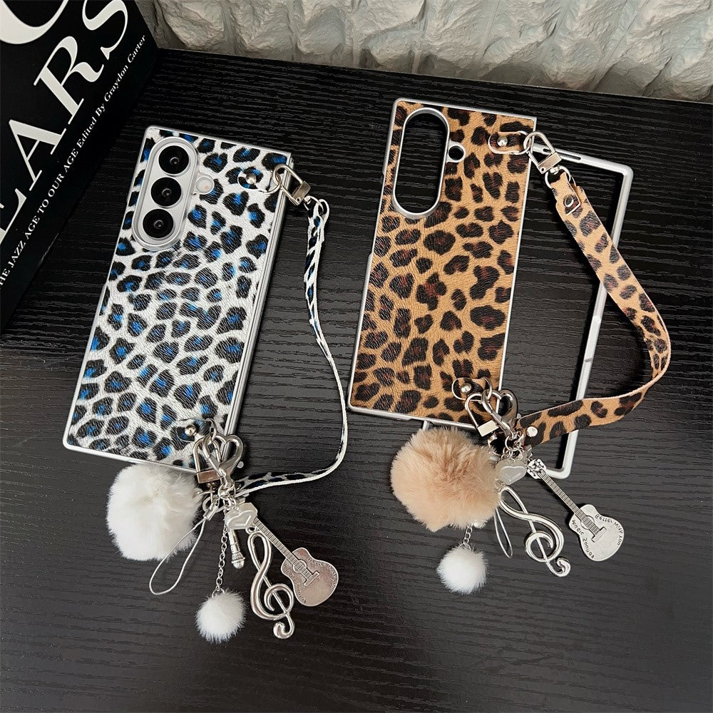 For Samsung Galaxy Z Fold7 5G Case Leopard Print Leather + PC Phone Cover with Guitar Pendant and Strap - Brown