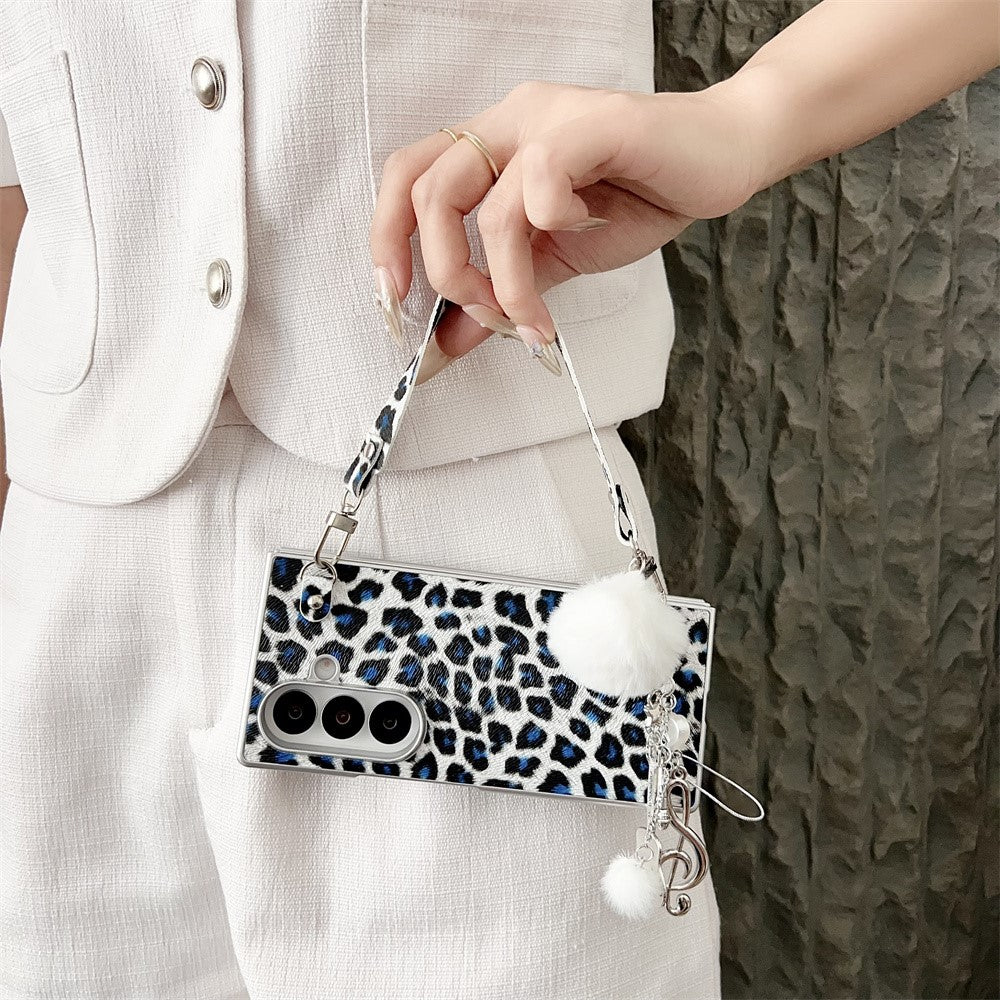 For Samsung Galaxy Z Fold7 5G Case Leopard Print Leather + PC Phone Cover with Guitar Pendant and Strap - White