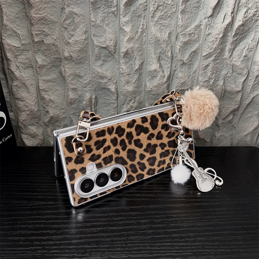 For Samsung Galaxy Z Fold7 5G Case Leopard Print Leather + PC Phone Cover with Guitar Pendant and Strap - White