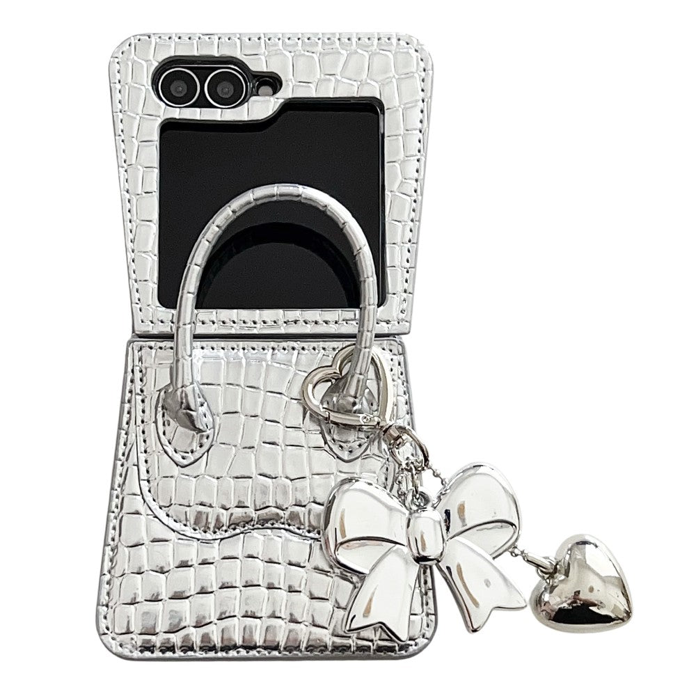 For Samsung Galaxy Z Flip7 FE 5G  /  Z Flip6 5G Case Handbag Crocodile Texture Leather + PC Phone Cover with Bow Heart Pendant - White