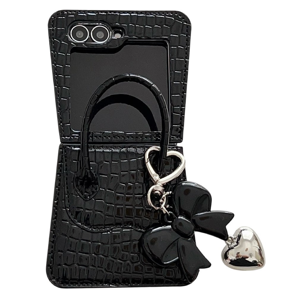 For Samsung Galaxy Z Flip7 FE 5G  /  Z Flip6 5G Case Handbag Crocodile Texture Leather + PC Phone Cover with Bow Heart Pendant - Black