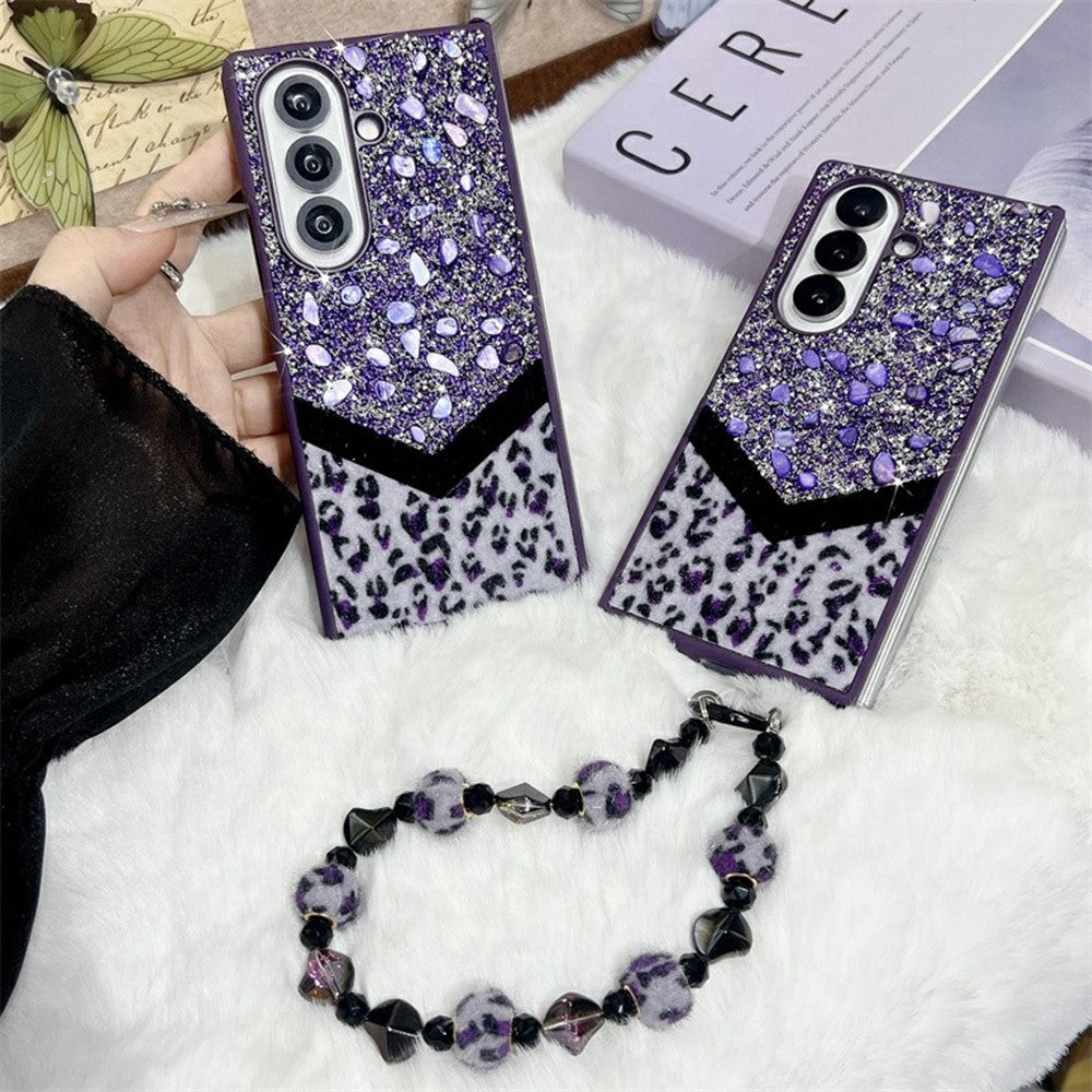 For Samsung Galaxy Z Fold7 5G Case Stone Decor Glitter Leopard Splicing Plush PC Phone Cover with Hand Chain - Purple